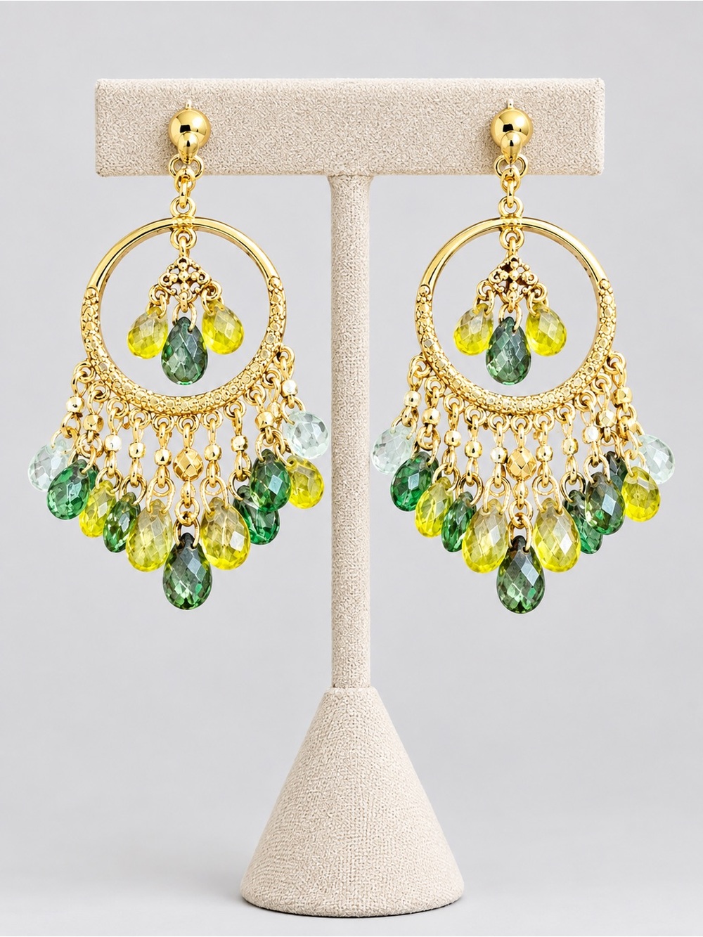 Gold Chandelier Earrings Green Yellow Crystal Gemstone Dangle Drop